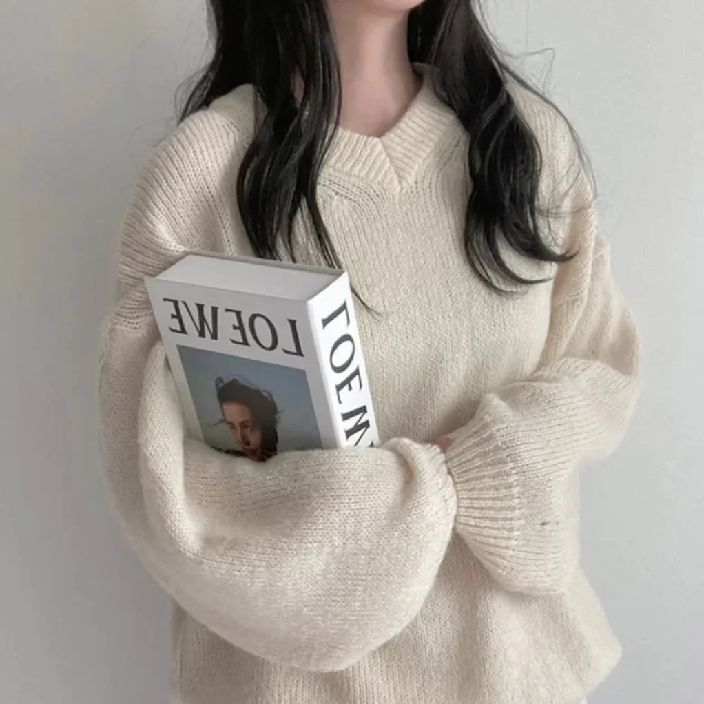 

Шикарный винтажный длинный вязаный свитер све, женский свободный пуловер с v-образным вырезом, осень-зима, теплый модный корейский свитер для поездок на работу