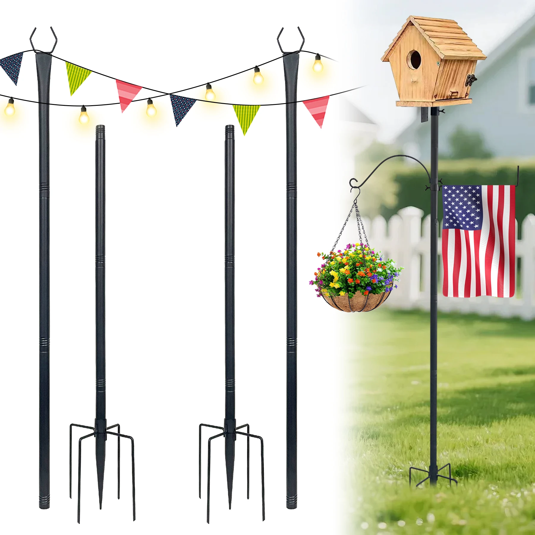 Adjustable 10ft Garden Pole Stand, No-Dig Ground Insert Holder with Clips, Universal Post Support for Bird Feeder/Hanging Lanter