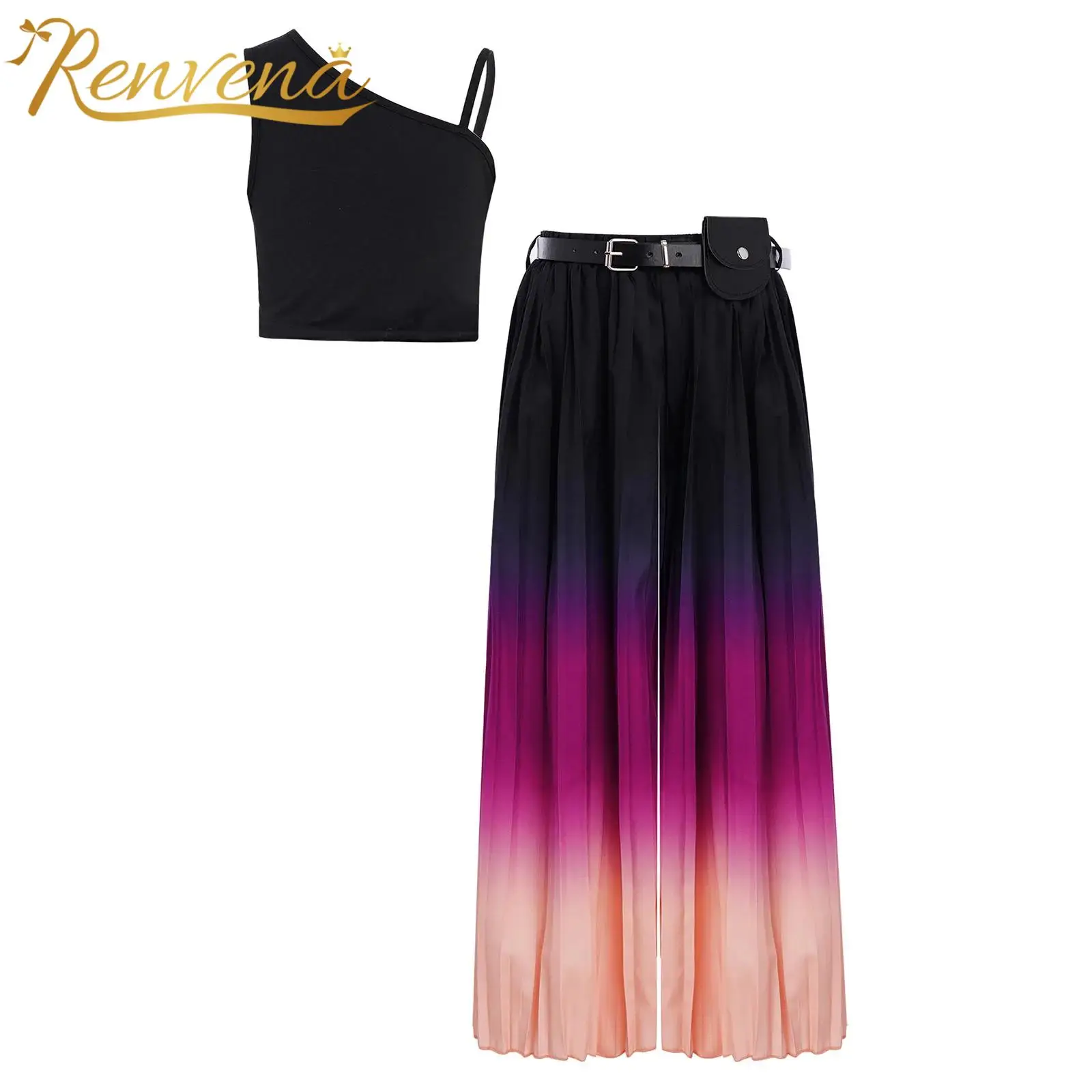Girl Gradient Casual Clothing Children's Sleeveless Vest with Pleated Wide Leg Pants Clothes Set Kids Girls 3-Piece Outfit