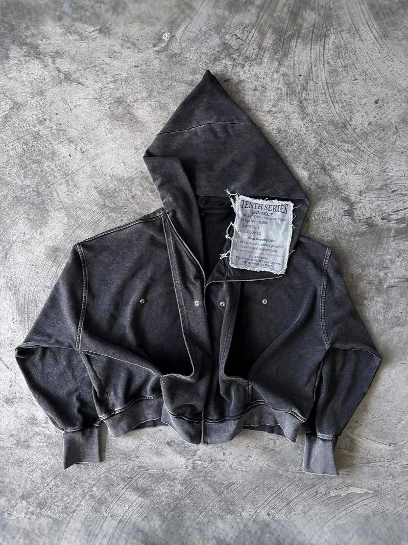 Vintage gewaschenes Kapuzenpullover mit Reißverschluss Y2K-Kleidung für Männer und Frauen, Rock und Hip-Hop, Nietenbedrucktes Kapuzenpullover, Casua