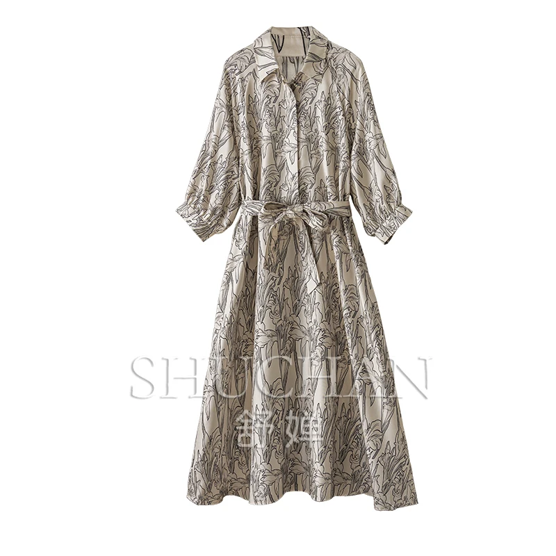 2025 Early Spring Printed Natural Silk Twill Belt Shirt Dress Women Vestidos Femininos Frete Grátis  Long Dresses for Women