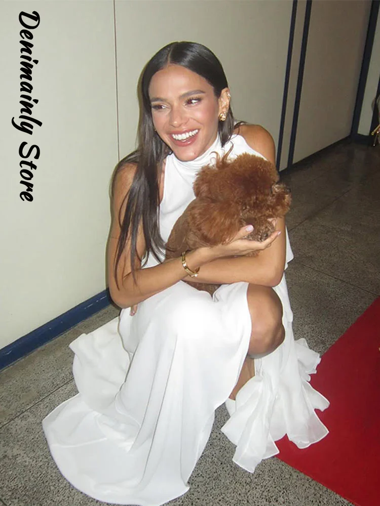 Elegante branco halter pescoço maxi vestido feminino recorte lateral alta divisão gravata cintura pura formal vestido de festa à noite 2026 senhora chique robe