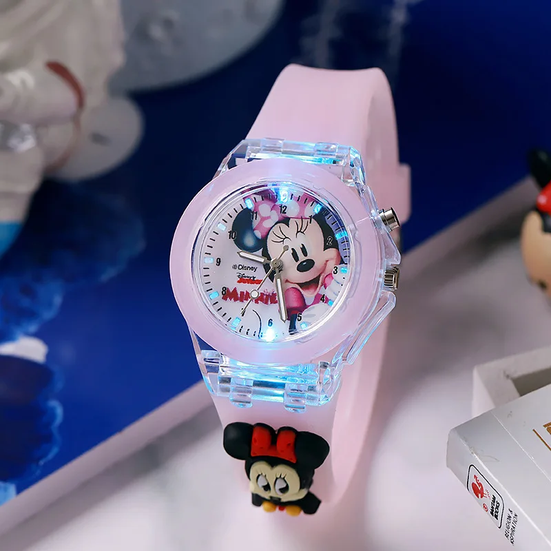 Disney-relojes de Mickey Mouse para niñas, correa de silicona, luz colorida, Spiderman, reloj de cuarzo para estudiantes, regalo de cumpleaños