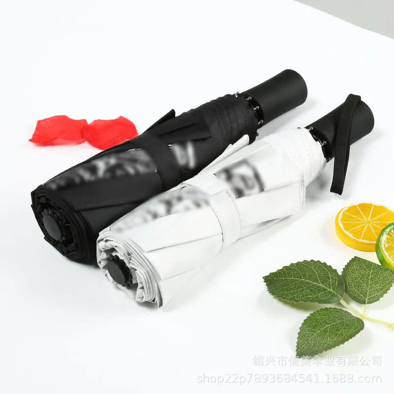 Guarda-chuva de três dobras totalmente automático, Bonito Cartoon Dual Color, Guarda-sol, Cola preta