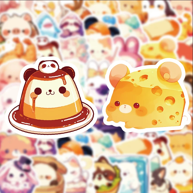 50 Cute Food and Pet Stickers, Suitable for Diaries, Laptops, Car Bumpers, Skateboards, Water Bottles, Computers, Phone Decorations, Etc
