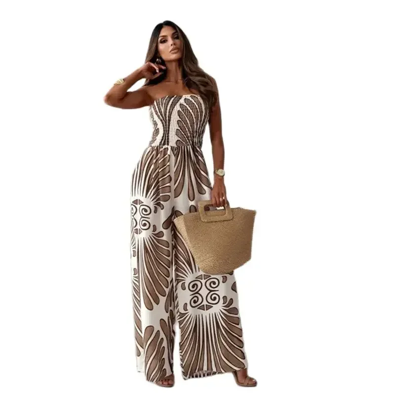 

Fashion Print Off The Shoulder Sleeveless Jumpsuit Women High Waist Pocket Backless Rompers Female New Wide Leg One-piece Pants