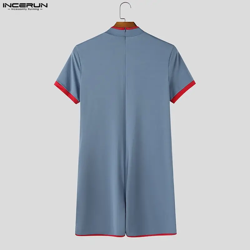INCERUN Men's Bodysuits Patchwork O-neck Short Sleeve Hollow Out Rompers For Man Playsuits Workout Fashion Casual Male Bodysuit image 5
