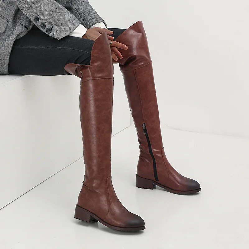 Autumn and Winter Women's Boots 4CM Leather Middle Heels Side Zipper Brown Over The Knee Boots 2026 Retro Female Designer Shoe