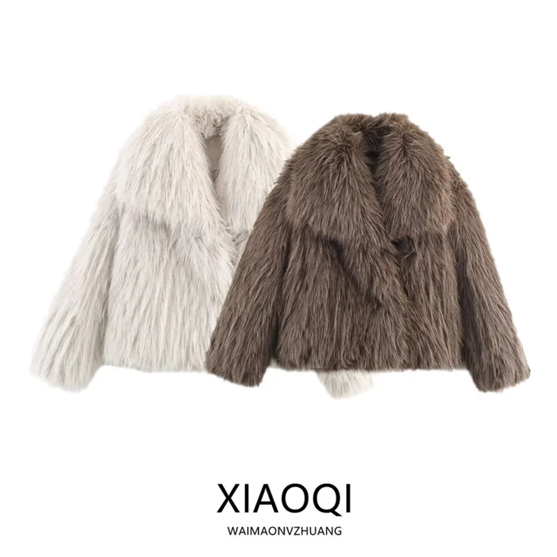 معطف جايت نسائي جديد لخريف 2025 فضفاض ومتعدد الاستخدامات من الفرو الاصطناعي طويل Sve بياقة مقلوبة وطول منتظم ملابس خارجية للسيدات