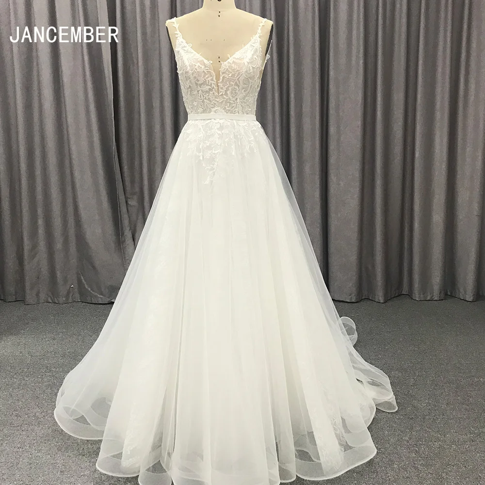 Customized Boho Lace Open Back Wedding Dress Tulle Sleeveless A-Line Wedding Gown Hx09