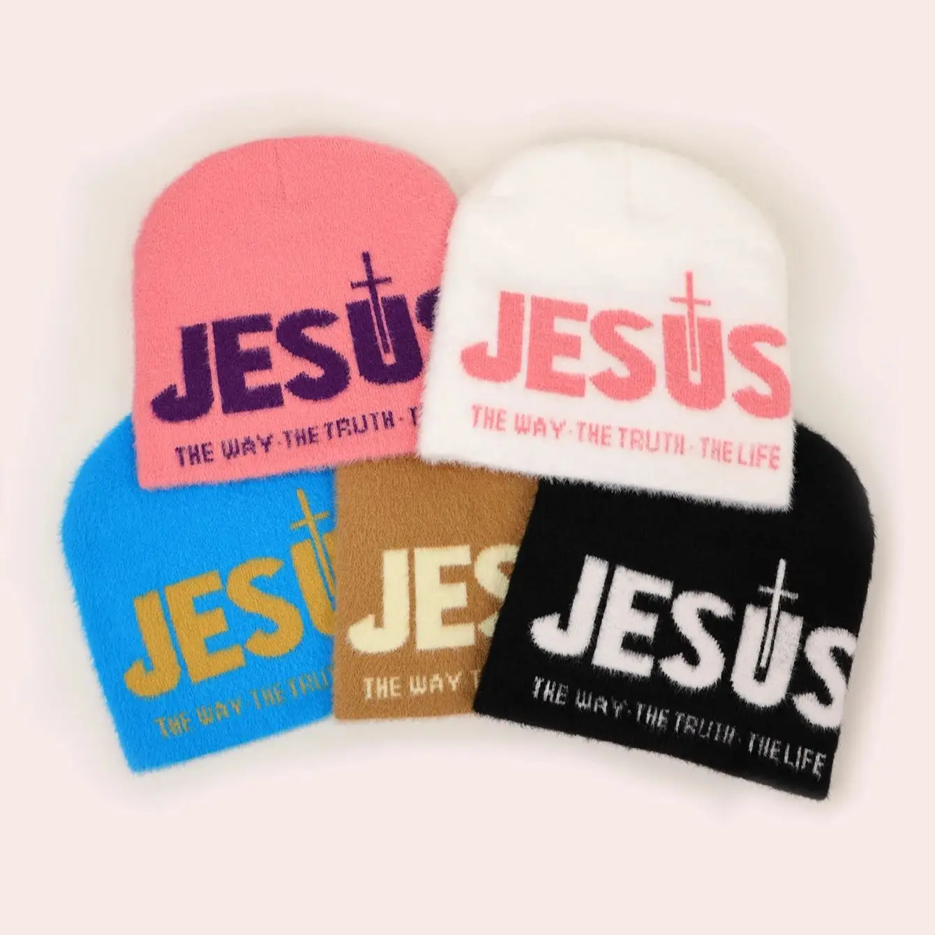 Classic Y2K JESUS Beanie Multicolor Soft Warm Imitation Mink Knitted Hat Elastic Lightweight Pullover Cap For Women Men