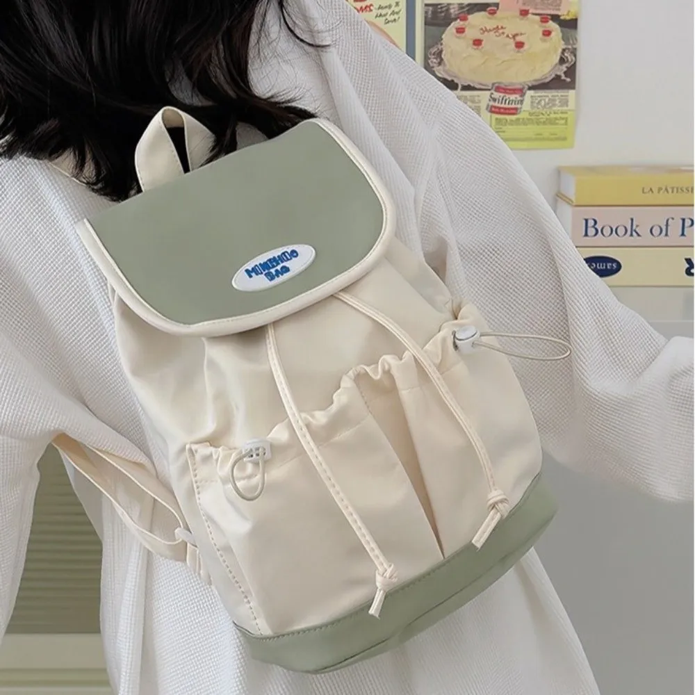 Drawstring Nylon Backpack Large Capacity Korean Style Shoulders Bag Multiple Pockets Colorful Students School Bag Students