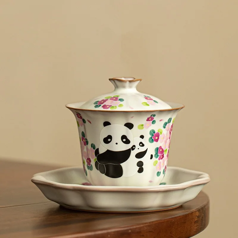 Ruyao Panda Lard Frozen Sancai Cover Bowl A Single Ceramic Tea Bowl Can Be Opened To Raise Anti-scalding Tea Infuser