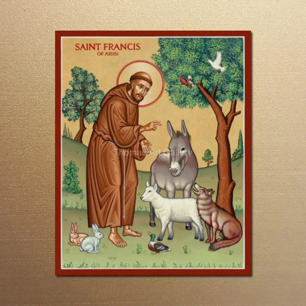 سانت فرانسيس أوف أسيسي مع أيقونة الحيوانات HD قماش طباعة راعي البيئة الكاثوليكية الأرثوذكسية الفن لحديقة مصلى الكنيسة ديكور