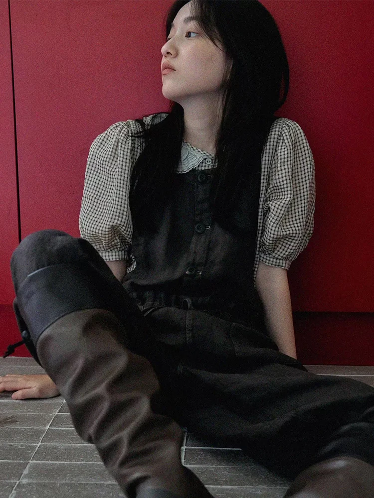 ชุดเอี๊ยมผ้าลินินสีพื้น Viaplain สำหรับผู้หญิง รุ่นใหม่ประจำฤดูใบไม้ร่วง สไตล์วินเทจ ผ้าพลิ้ว ทรงหลวม สายผูกเอว กางเกงขายาวเอวสูงทรงขากว้าง