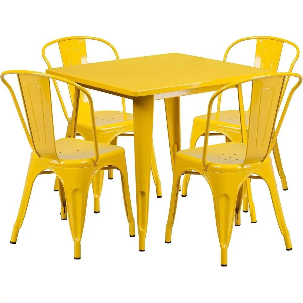 31.5 Square Yellow Metal Indoor-Outdoor Table Set with 4 Stackable Chairs