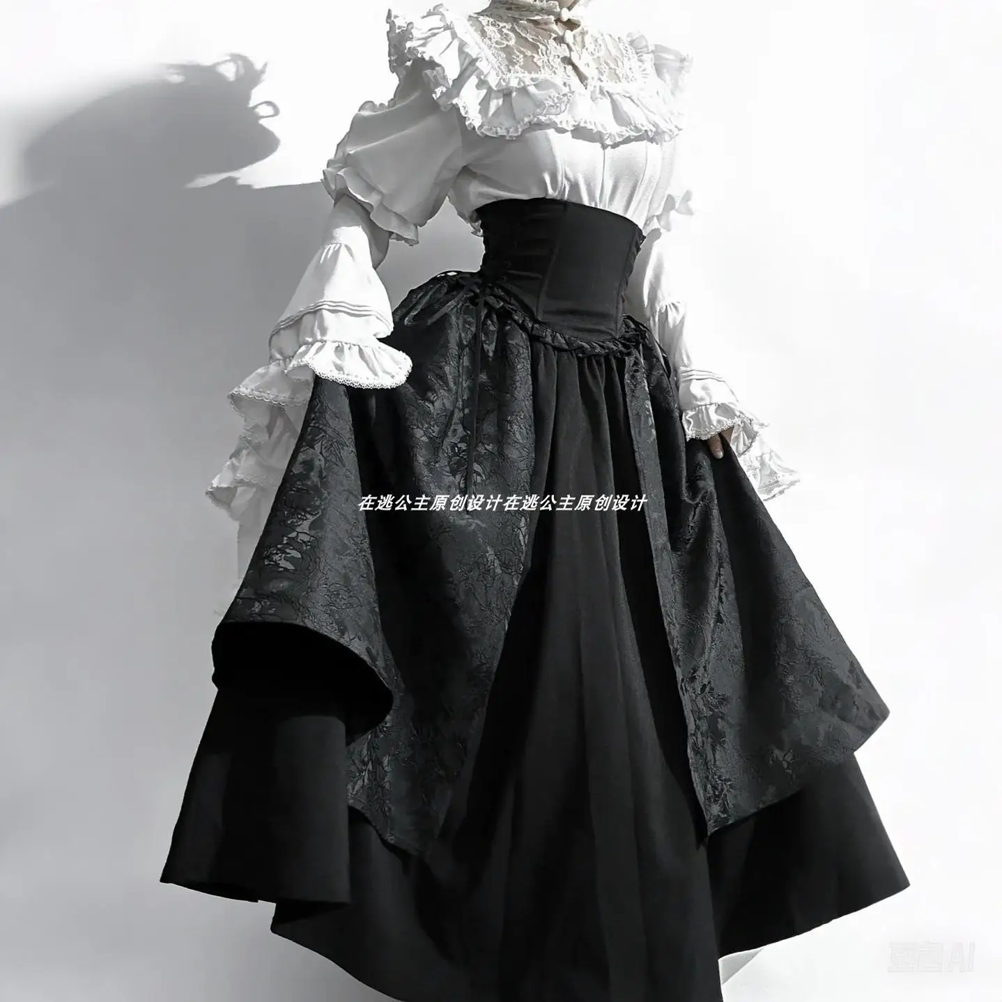 Gothic Lolita Waist Cinching Vintage Elegant Flare Sleeve Shirt Cool Girl High Waist A-line Versatile Black Irregular Skirt