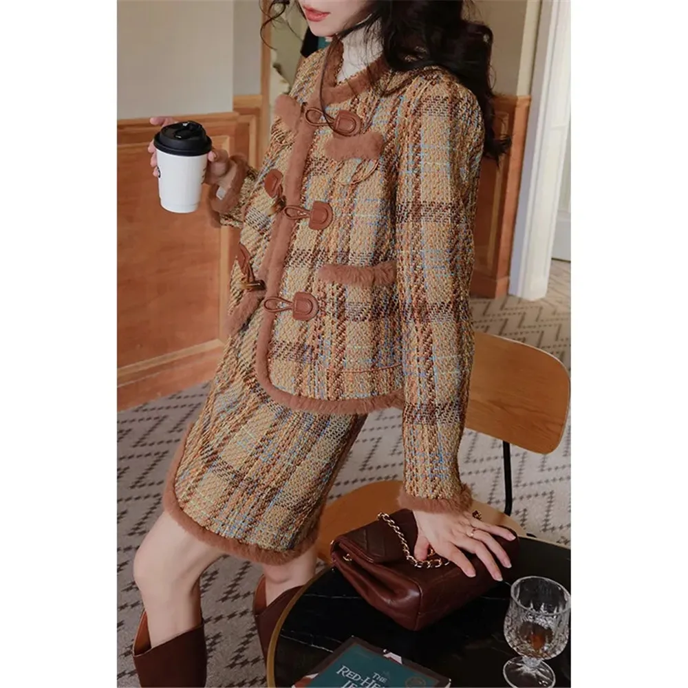 

Brown Vintage Plaid Tweed 2pcs Set Fake Fur Patchwork Elegant Jacket + High Waist Mini Skirt Korean Fashion Women Streetwear