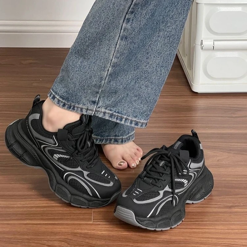 Breathable Mesh Women Elevator Shoes Thick Sole Chunky Sneakers Fashion Fitness Walking Trainers Outdoor Sports Dorky Dad Shoes