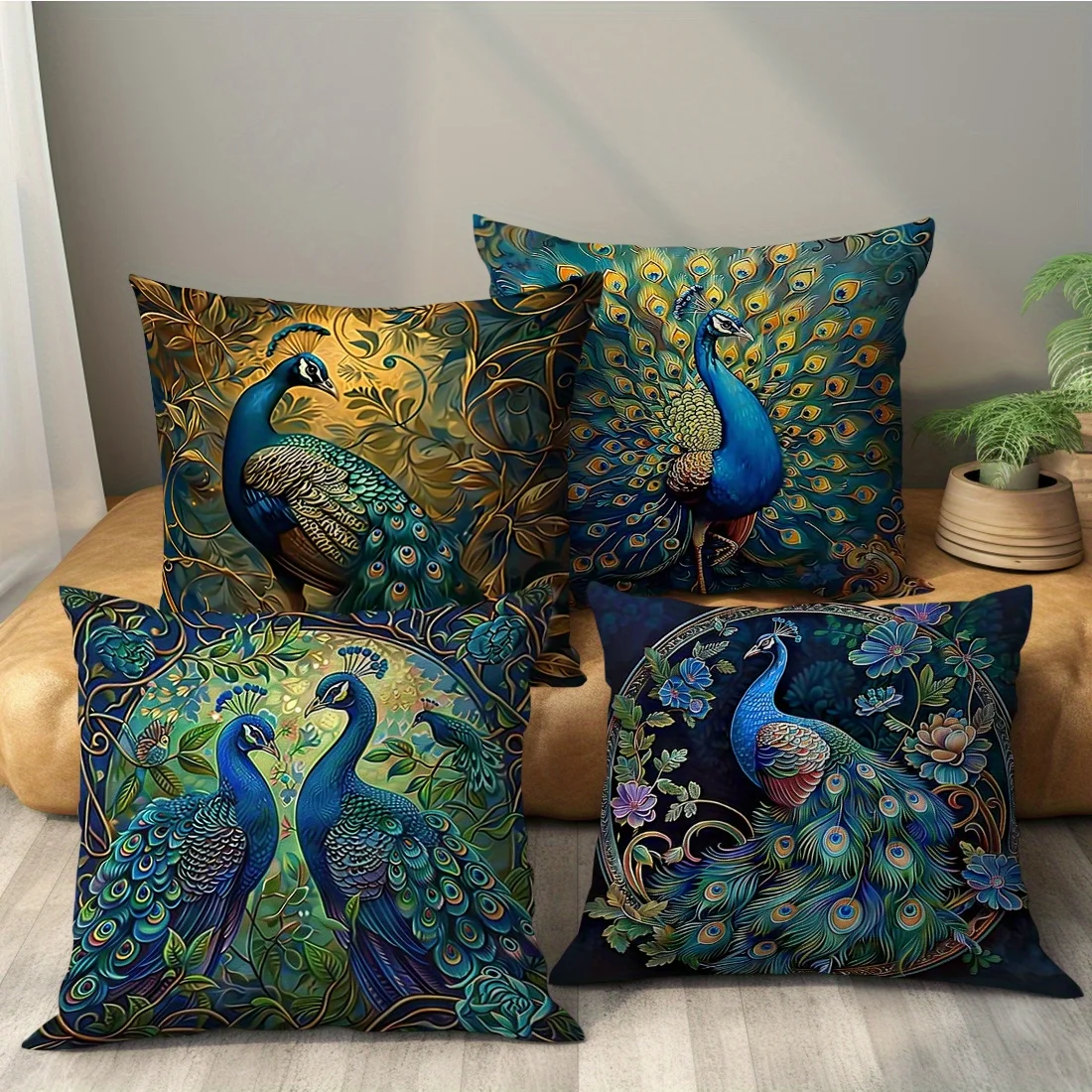 Vintage Peacock Oil Painting  Pillowcases Flat Print, Machine Washable, Suitable for Decorating Living Rooms and Bedrooms