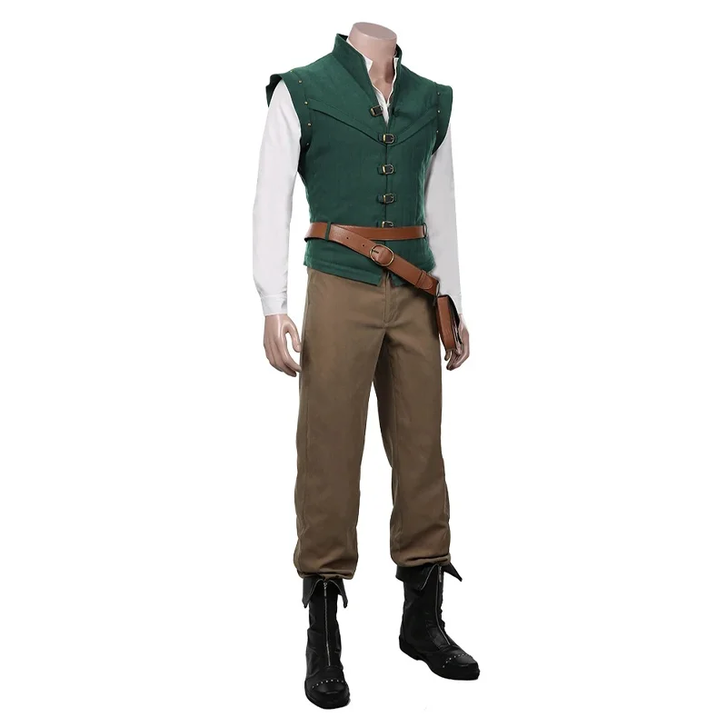 Picture 6: Flynn Rider Cosplay Costume Green Sleeveless Waistcoat Shirt Belt Bum Bag Khaki Trousers Glamorous Outfit Halloween Carnival