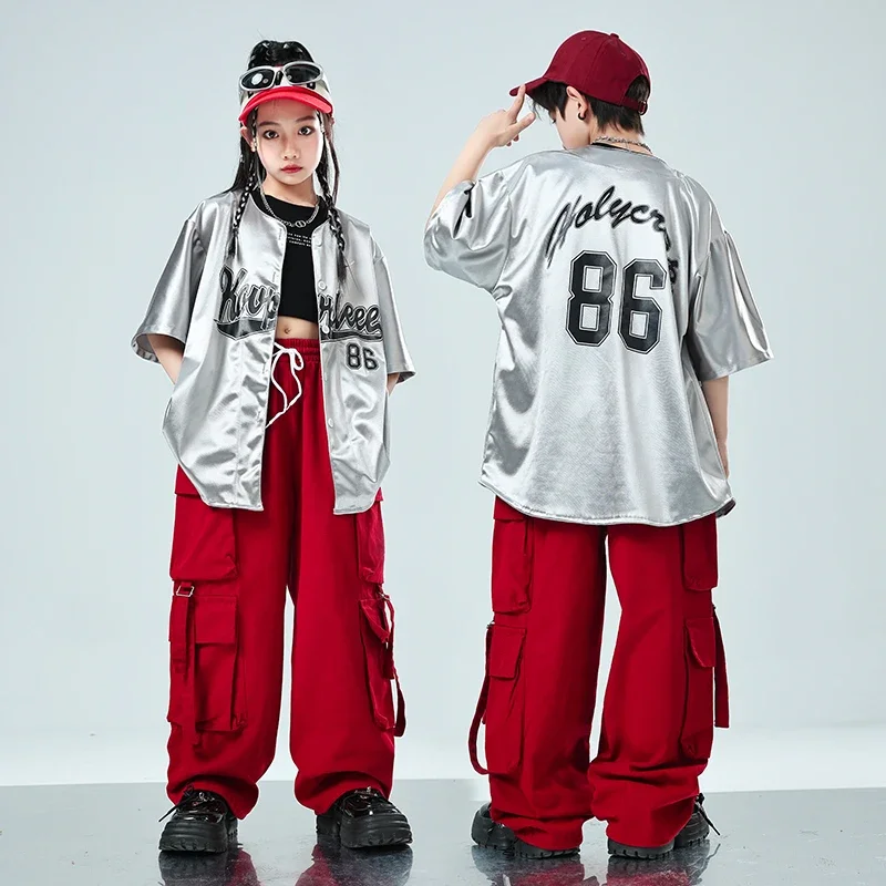 

Hip Hop Joggers Boys Ballroom Street Dance Costumes Kids Streetwear Child Jazz Punk Clothes Girls Silver Short Sleeve Shirt