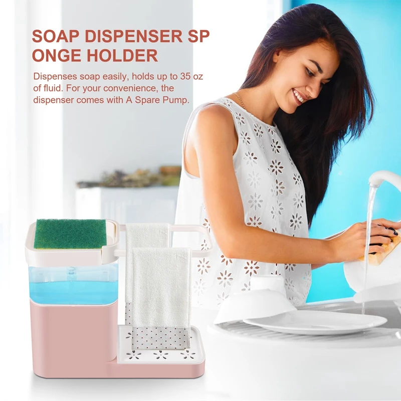 Liquid Dispenser Sponge Holder Towel Rack Bowl Washing Dish Soap Dispenser For Kitchen 4-In-1 Soap Dispenser Set