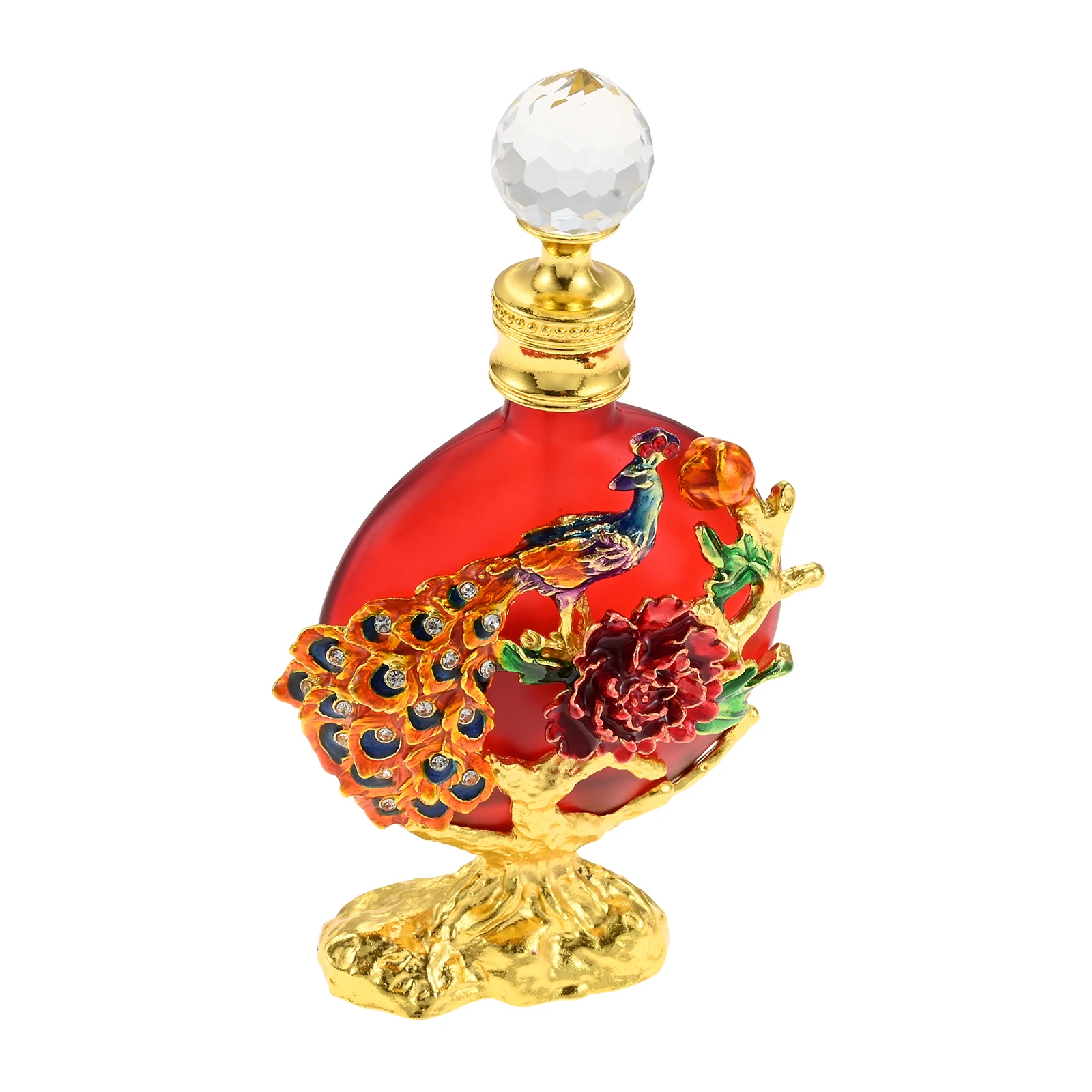 1pc Ornament Mini Jar Empty Perfume Bottle Enamel Peacock Flower Rhinestones Golden Base Crystal Lid Flat Vase Decor Living Room