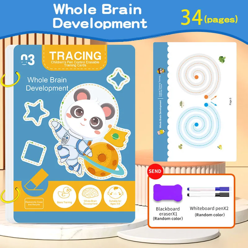 Herbruikbare werkmapenset voor kinderen met 34 pagina's en uitwisbare pen - Vroeg leren van schrijf- en tekenvaardigheidsontwikkeling, educatieve boeken voor pencontroletraining, innovatief leren -