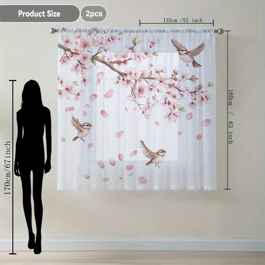 2PCS Digital Print Sheer Curtains, Cherry Branch Sparrow Dance, Japanese Sakura Bird Spring for Bedroom Living Room Home Decor