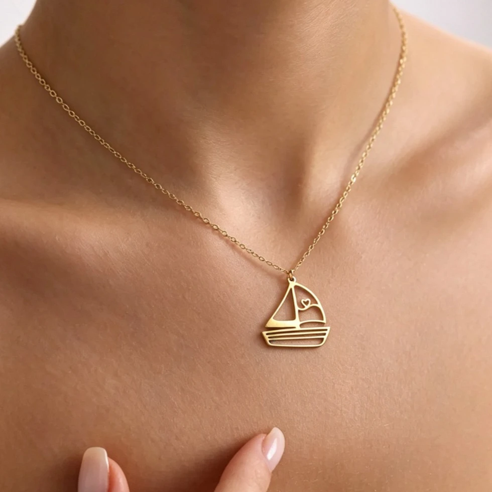 Romantic Heart Sail Boat Pendant Necklace Stainless Steel Gold Color Thin Link Chain Nautical Lover Anniversary Jewelry Present