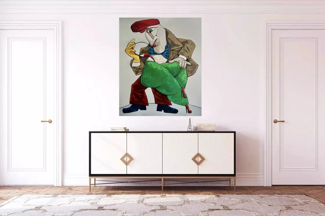 Modern Abstract Figure Oil Art Painting on Canvas Sax Player and Lady in Green Wall Pictures Hand Made for Hotel Office Decor