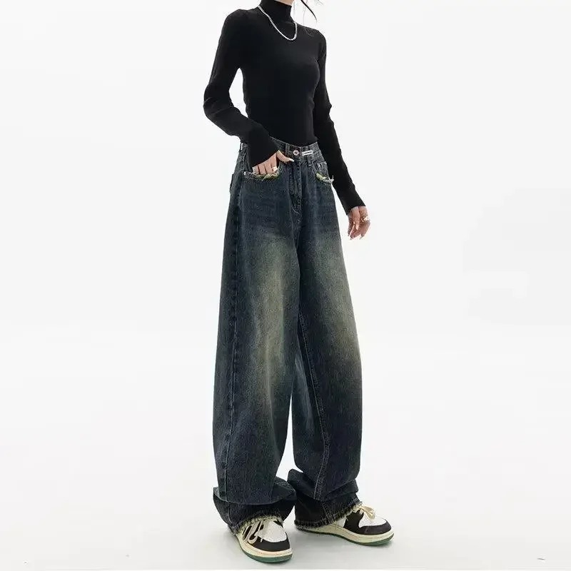 Women High Waist Jeans Loose Wide Leg Straight Loose Denim Trousers Y2K Baggy Pants Streetwear Retro Fashion Summer