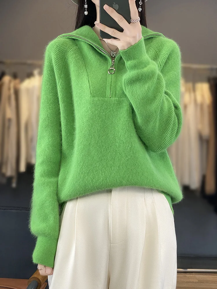 Aliselect Women 100% Mink Cashmere Sweater Zipper Pullover Long Sleeve Casual Loose Knitwear Jumper Korean Fashion Thick Tops