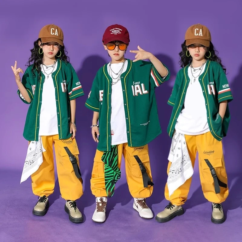 Street Dance Children Clothing Hip Hop Green Shirt White Top Yellow Jogger Pants Boy Girl Jazz Stage Show Outfit Streetwear 1471