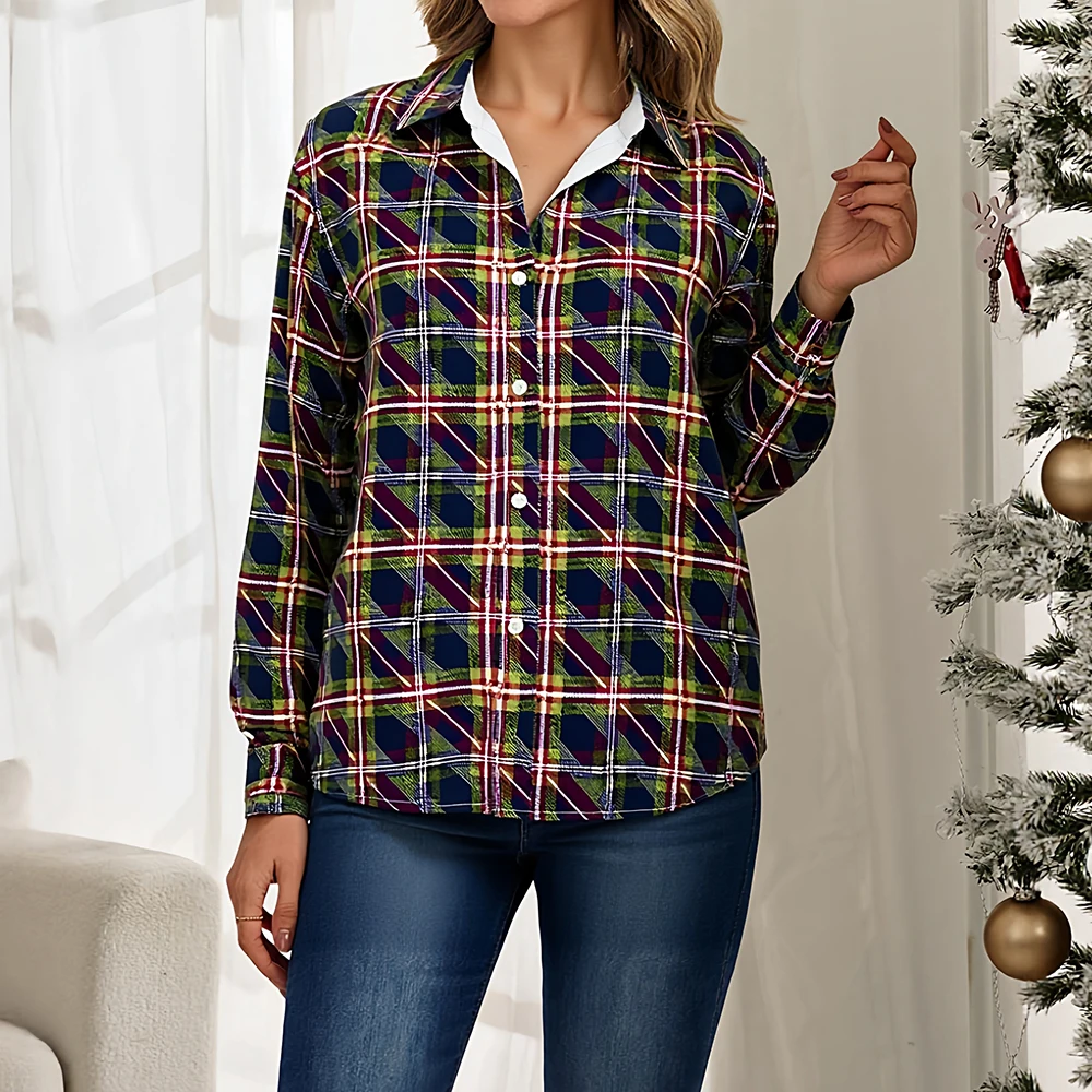 

Mia Muse Autumn Shirts 2025 Women's Chic Plaid Long Sleeve Shirt Collar Button Front Basics Shirts