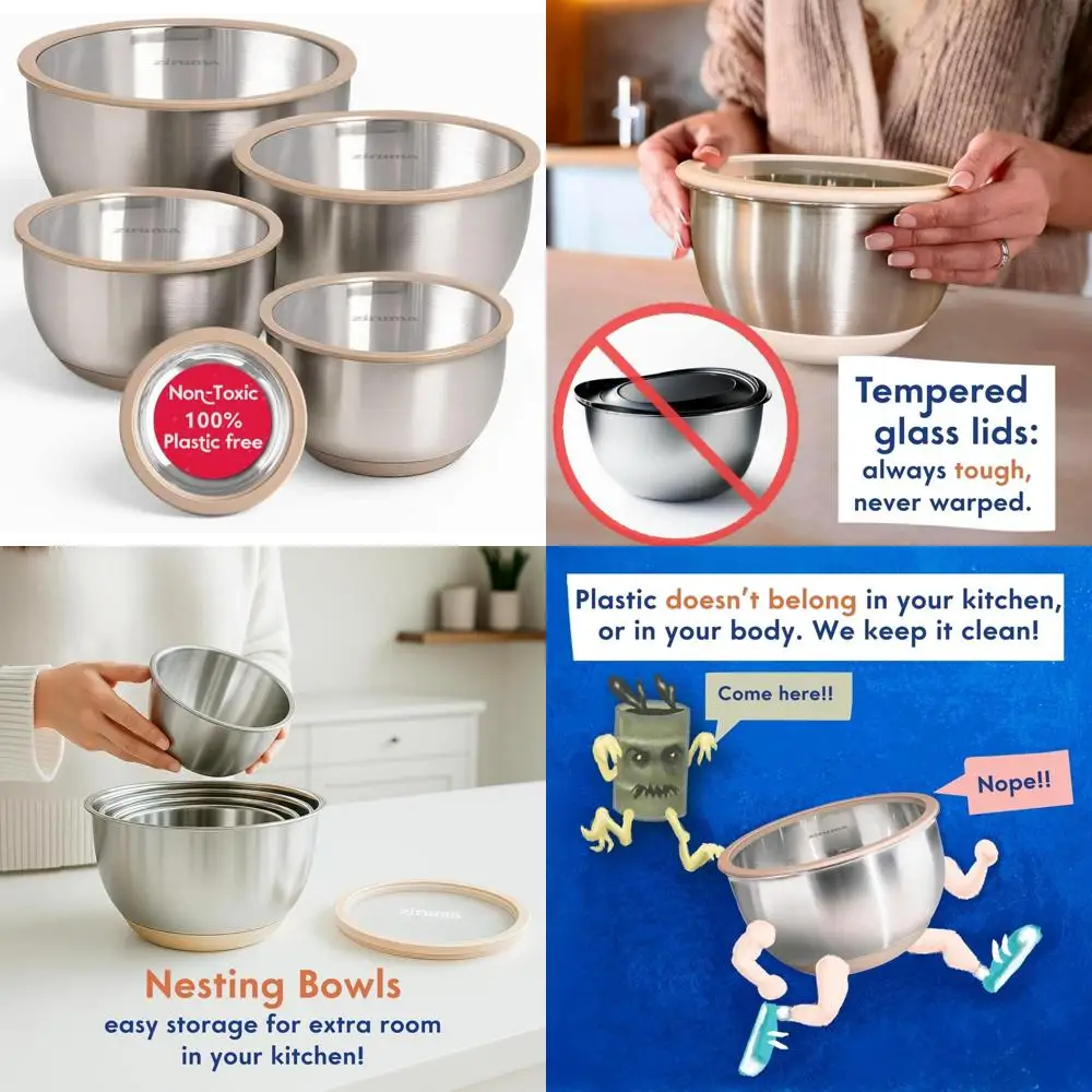 

Набор нетоксичных мисок для смешивания, 5 предметов из нержавеющей стали и стекла, без пластика с силиконовым основанием, миски для смешивания, которые можно мыть в посудомоечной машине
