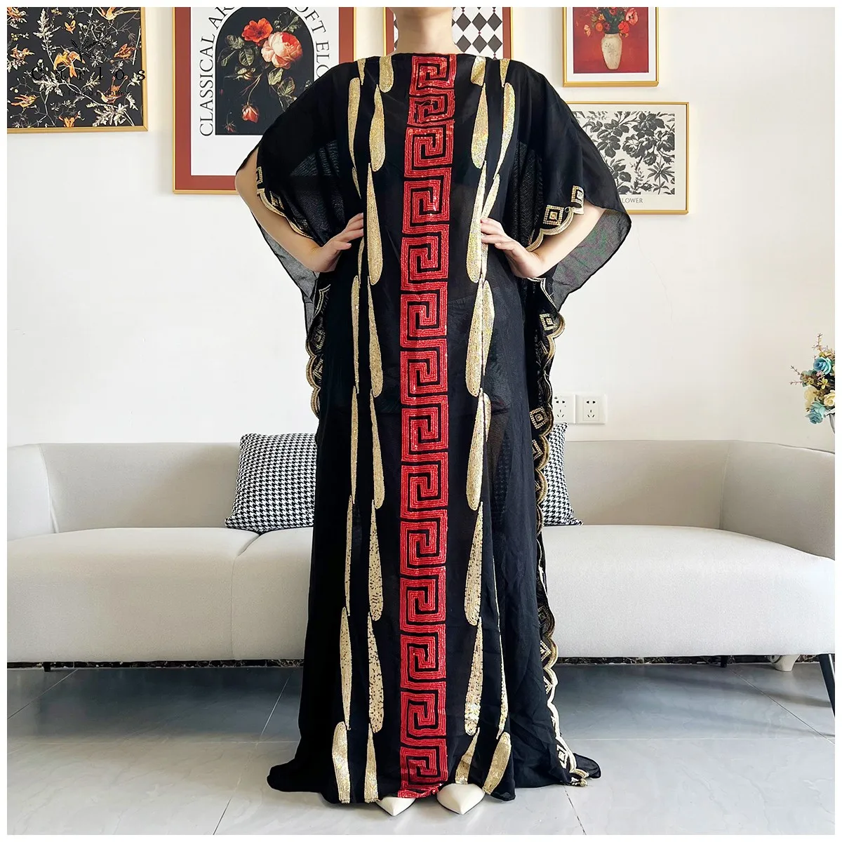 2024 New Women Muslim Sequin Embroidery Long Black Lady Clothes Fashion New Arrival African Embroidery Flower Dresse With Scarf