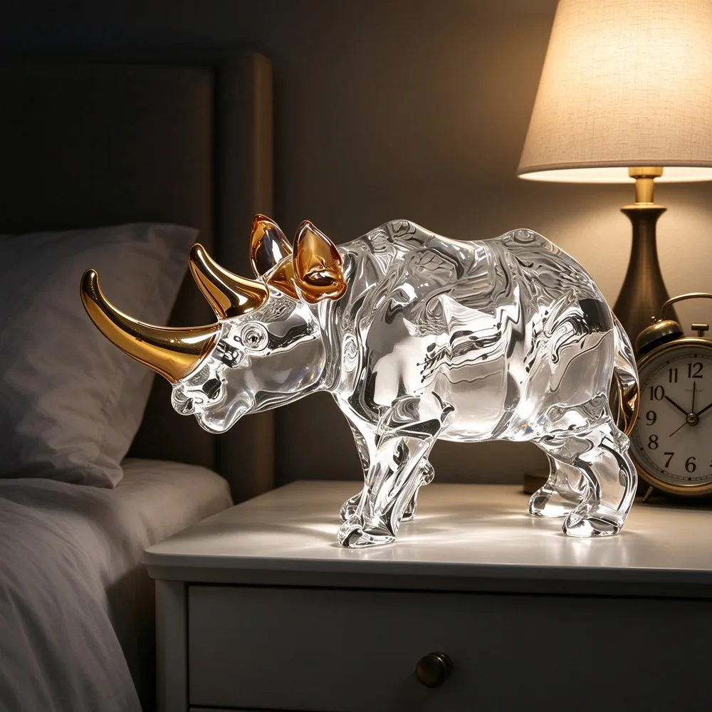 Transparent Crystal Rhinoceros Statue Desk Decoration Golden Horned Rhino Sculpture Minimalism Animal Room Aesthetics Decor Gift