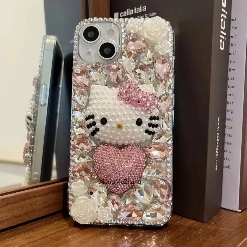 

Sanrio Hello Kitty Case for Samsung S25 S24 S20 S22 S23 Ultra S21 Plus S10 Diamond Heart Flower Fashion Custom Rhinestone Cover