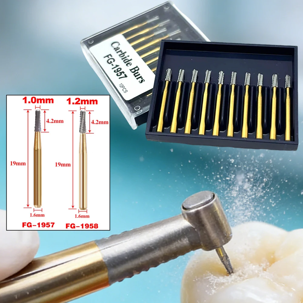 10 Piece Tungsten Carbide Dental Burs Set Tapered Fissure Cross Cut Drill Bits for High Speed Handpieces Restorative Dentistry