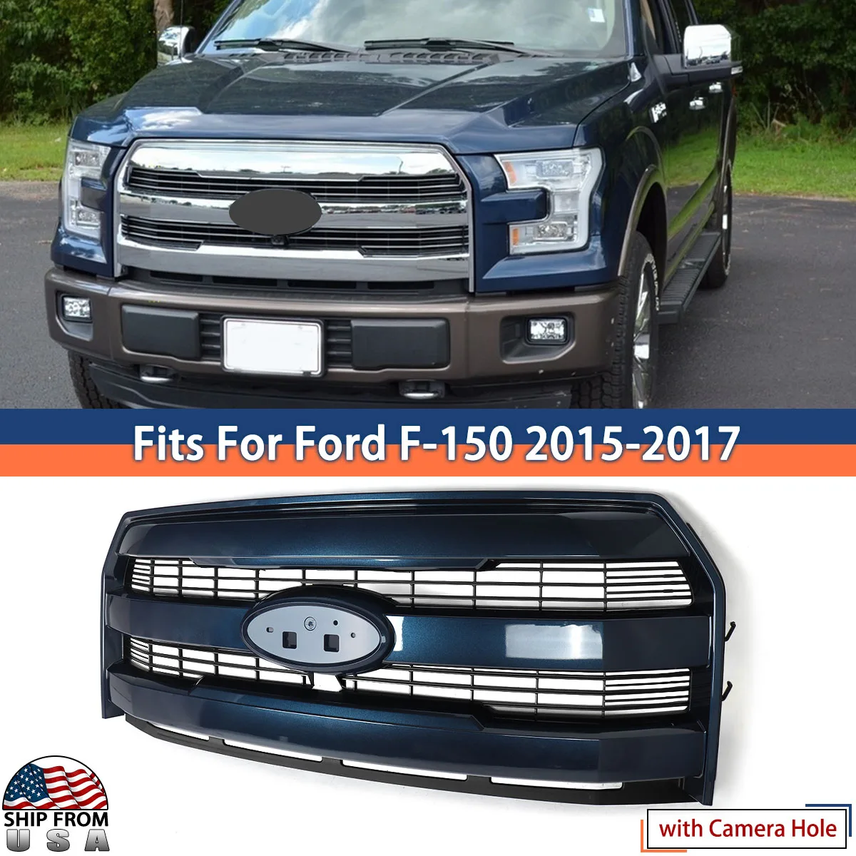 For 2015-2017 F150 F-150 Grille Assembly With Camera Holes Lariat Style Bumper Upper Grilles Blue Jeans N1 FL3Z8200GA Magickit