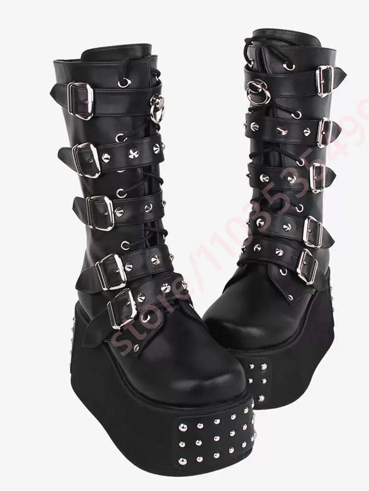 Black Mid Calf Platform Boots Women Multi Metal Buckle Rivet Decor Lace Up Round Toe Gothic Punk Wedge Heel Street Fashion Boots