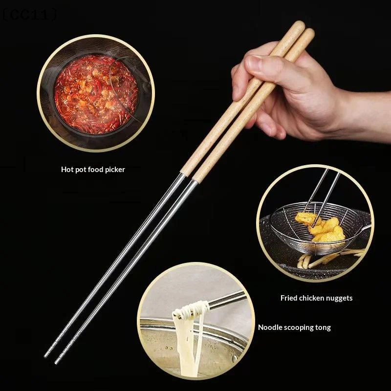 1 Pair Non Slip  Stainless Steel Chopsticks With Wooden Handles Extended Length Suitable For Home Restaurant And Hot Pot〔CC11〕