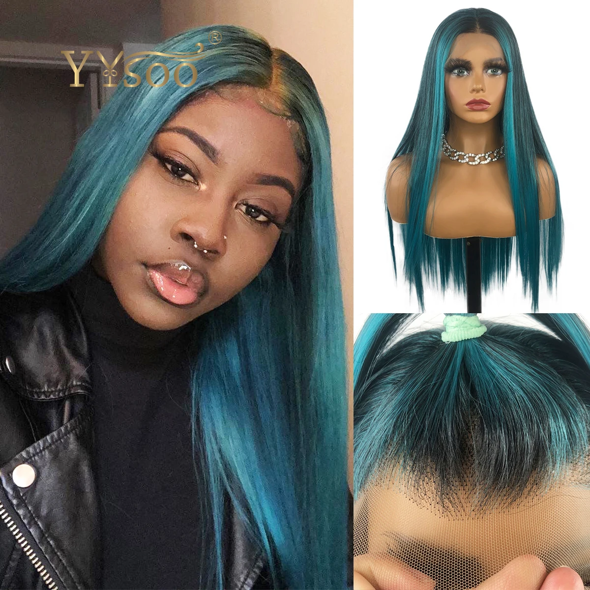 

YYsoo Long Blue Mixed Color 13x4 Lace Front Wig Pre Plucked Highlights Futura Synthetic Glueless Silky Straight Wigs For Women