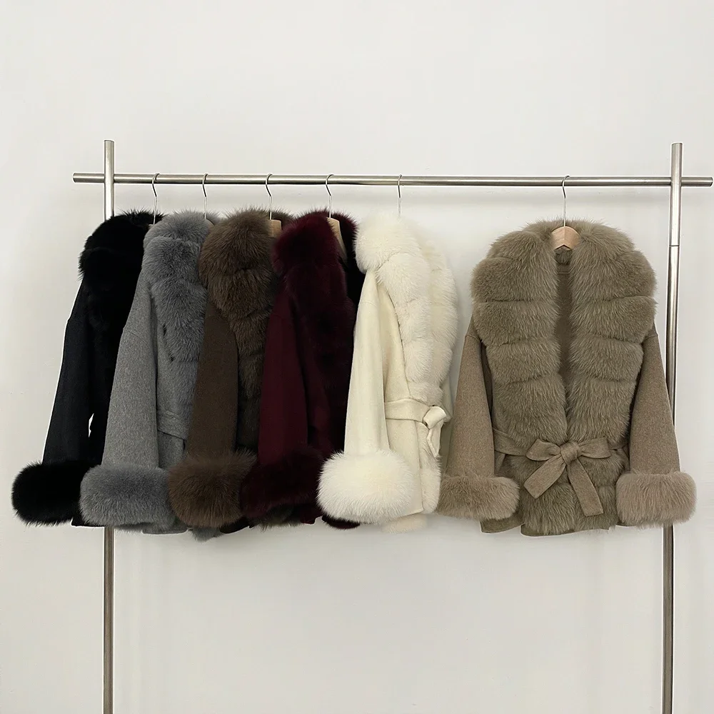 

Reality Fur Coat Female New Autumn Woolen Coat Winter Warm Real Fur Collar Wool Blend Jacket Women Warm Clothes for Women