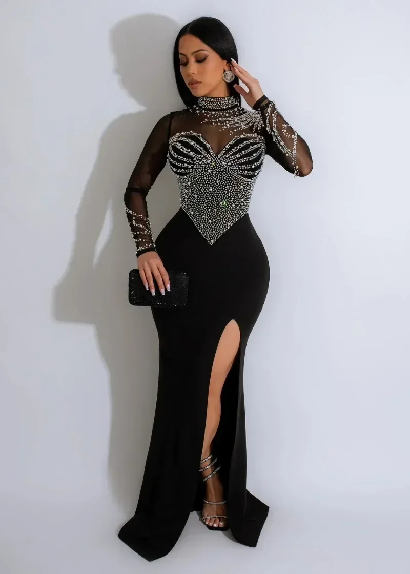 

GUWU Diamonds Hot Rhinestones High Side Split Mermaid Midi Maxi Dress Women Long Sleeve Even Sexy Party Dresses Vestidos
