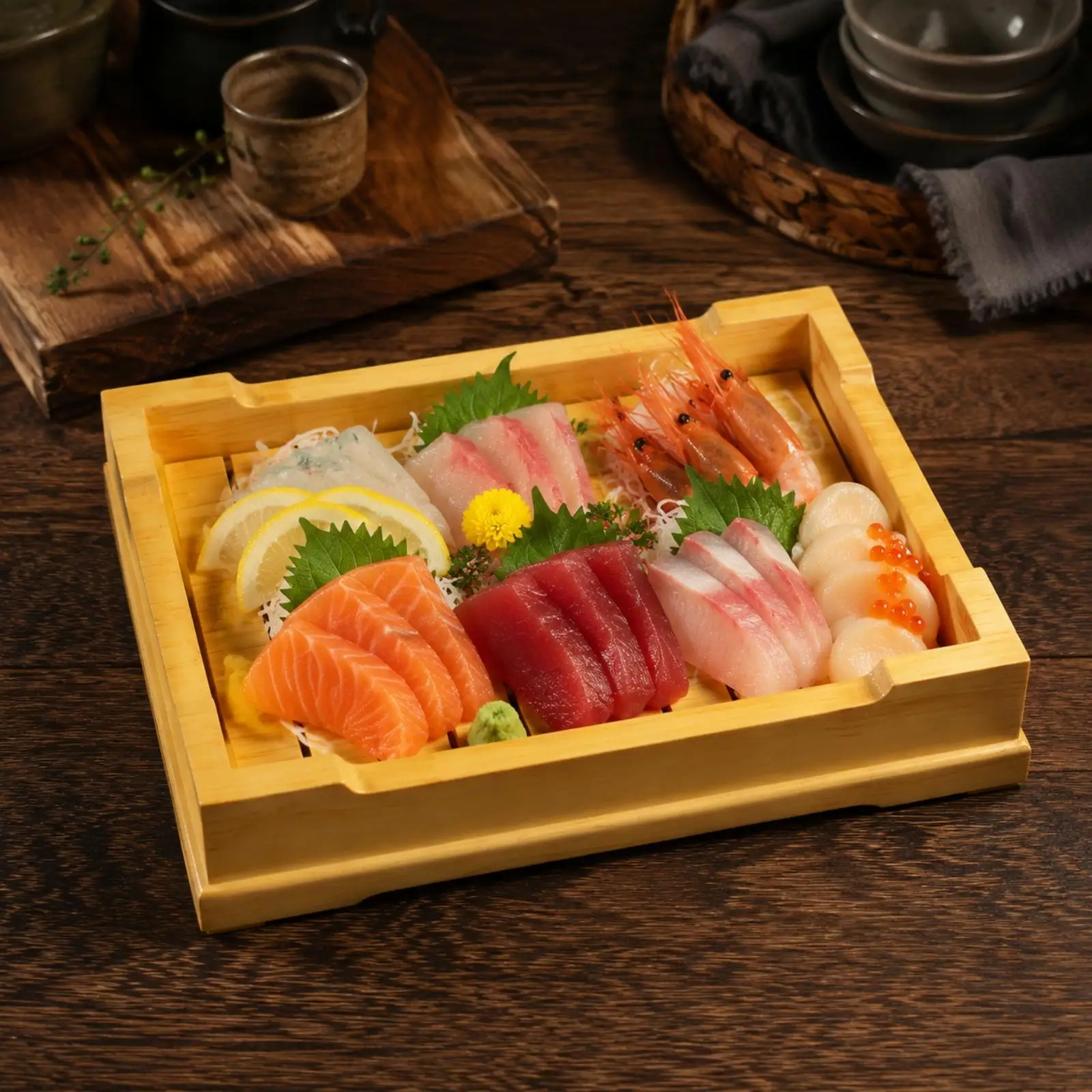 Square Serving Tray with Bamboo-Style Finish Low-Profile for Sushi Service, Dining Table