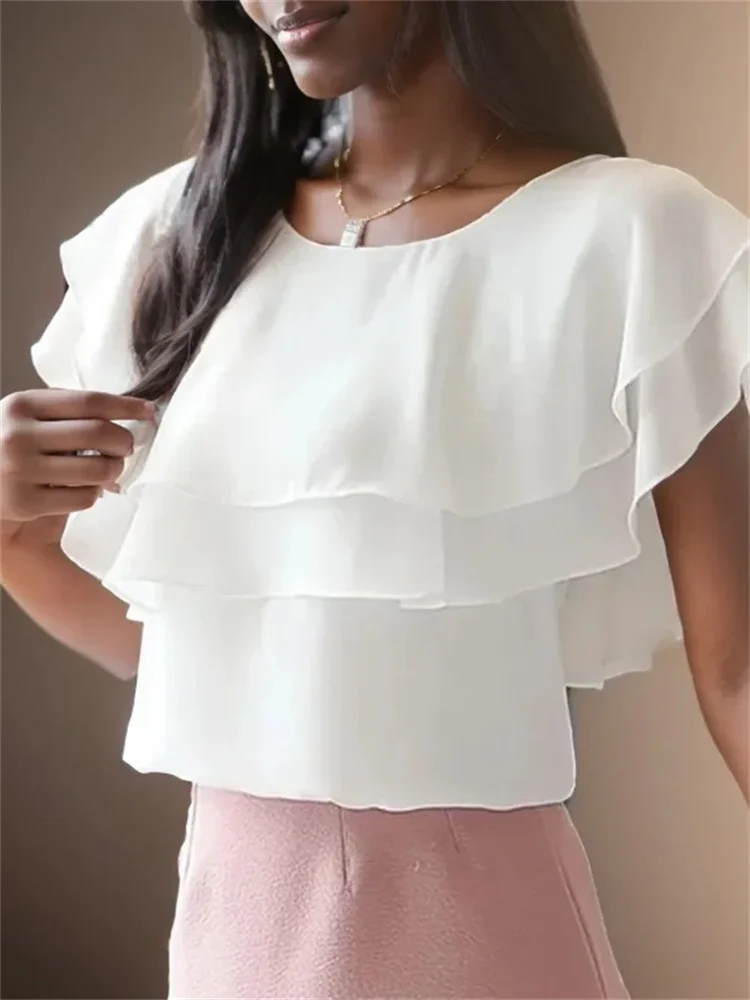 ZANZEA Casual Pleated Solid Tops Women Short Sleeve Blouses Fashion Double Ruffled Stitching Shirts Vintage Round Neck Blusas