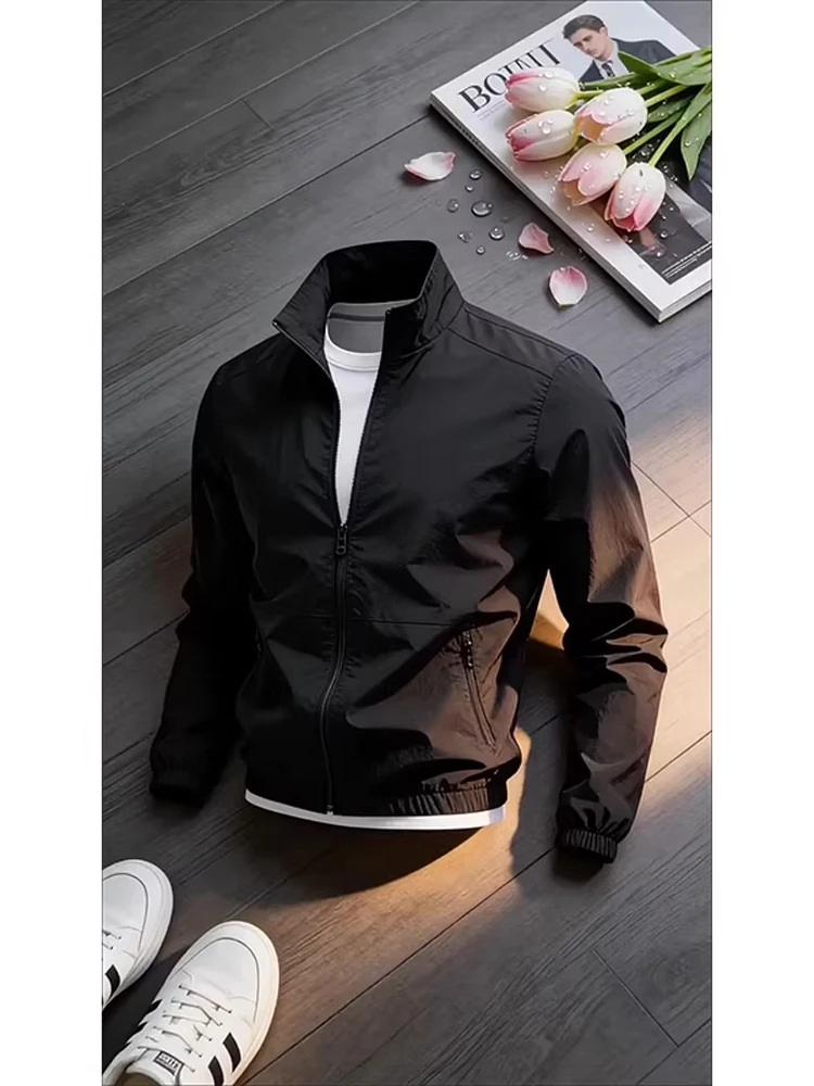 Black Stand Collar Men's Jacket Spring Autumn American Three Proof Workwear Pants Jacket Cleanfit Shoulder Casual Baseball Un...